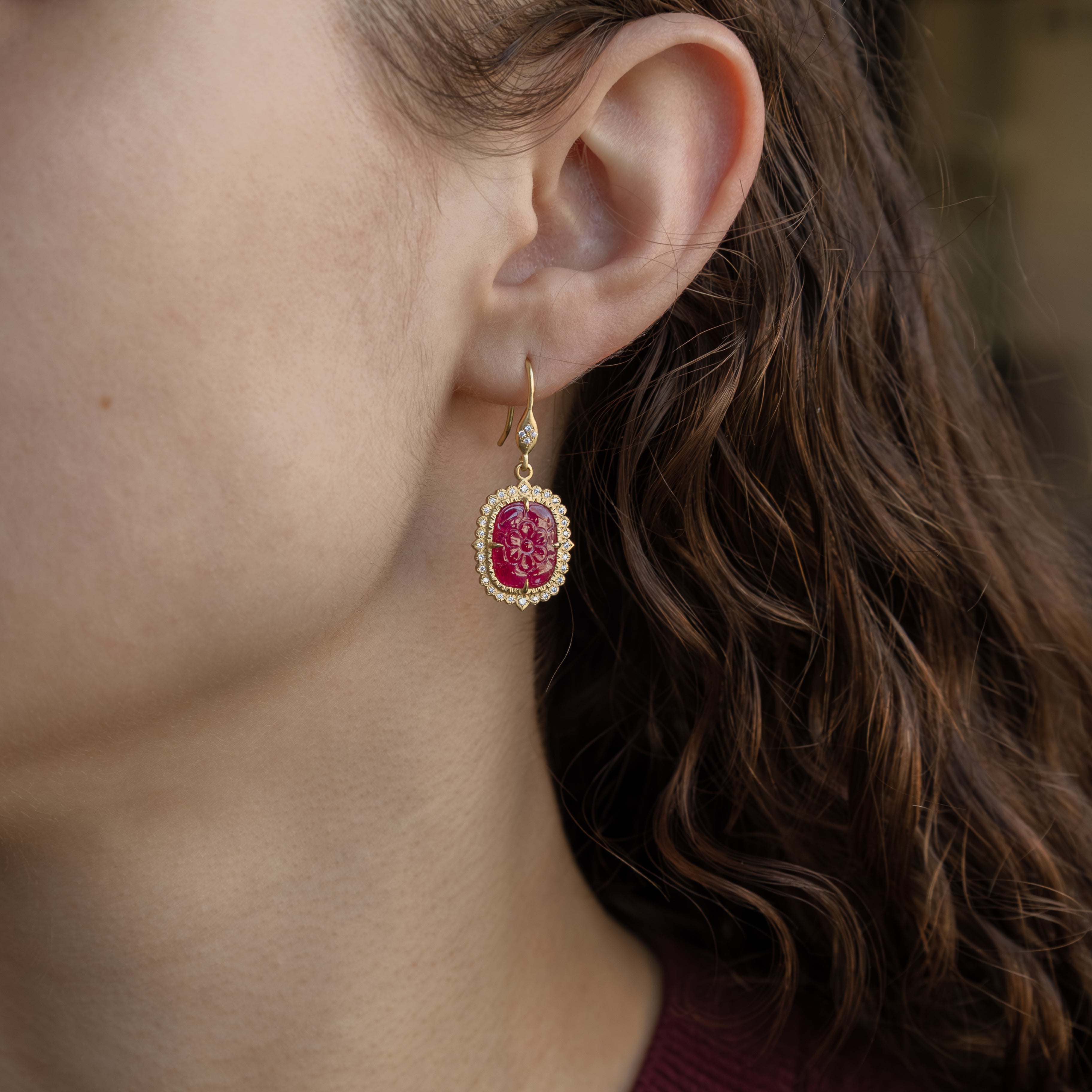 Carved Ruby Halo Earrings