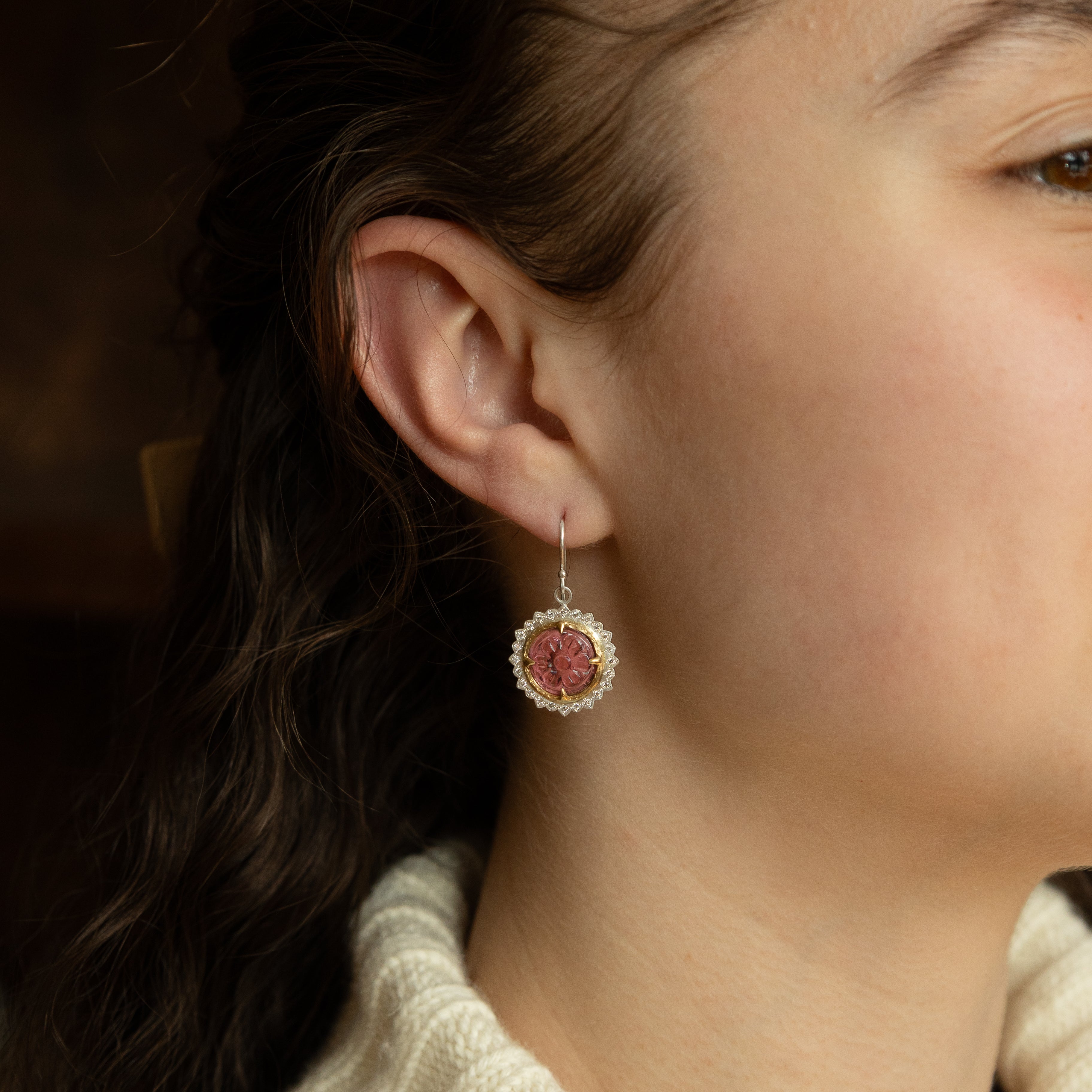 Carved Pink Tourmaline Earrings