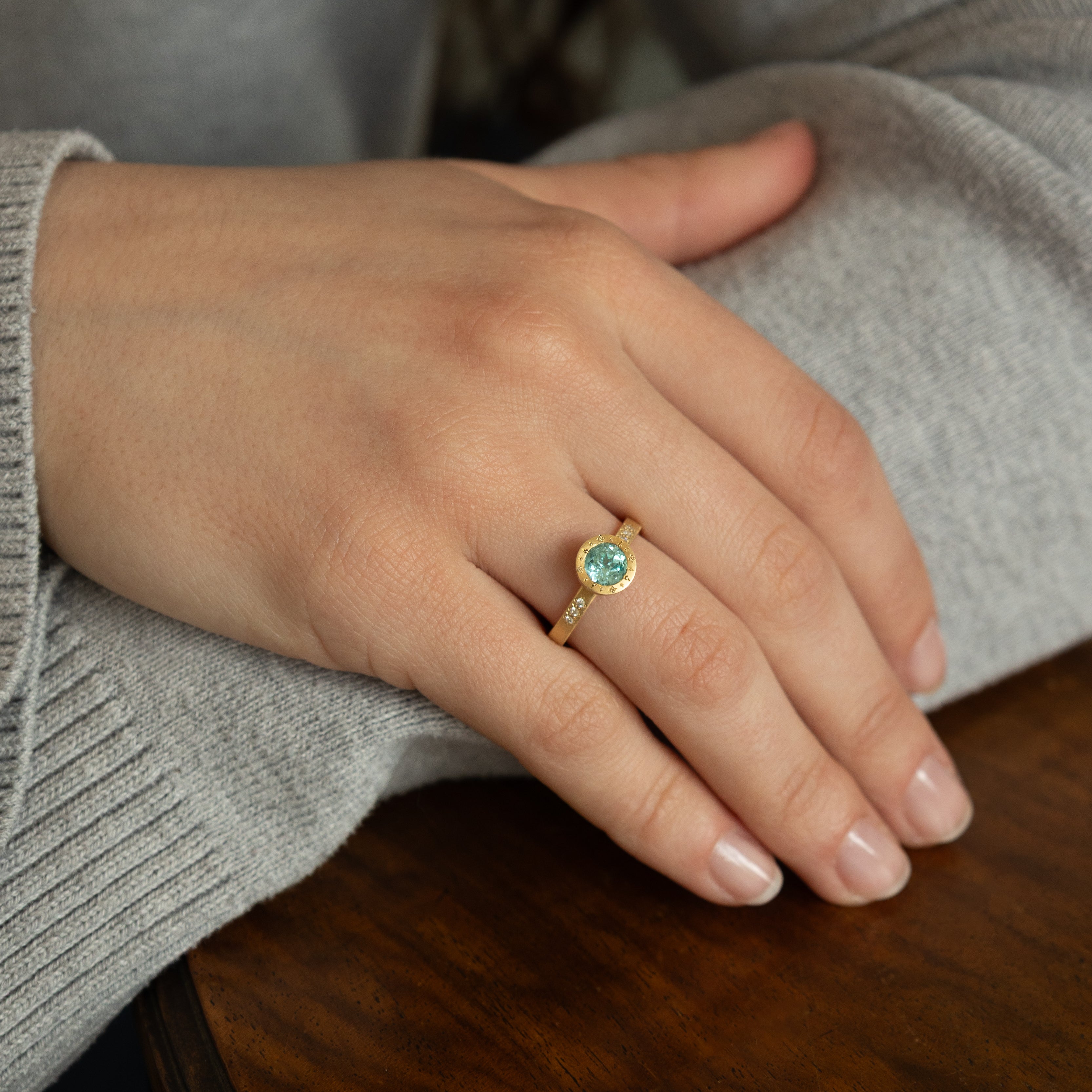 Sea Foam Tourmaline Etched Bezel Ring