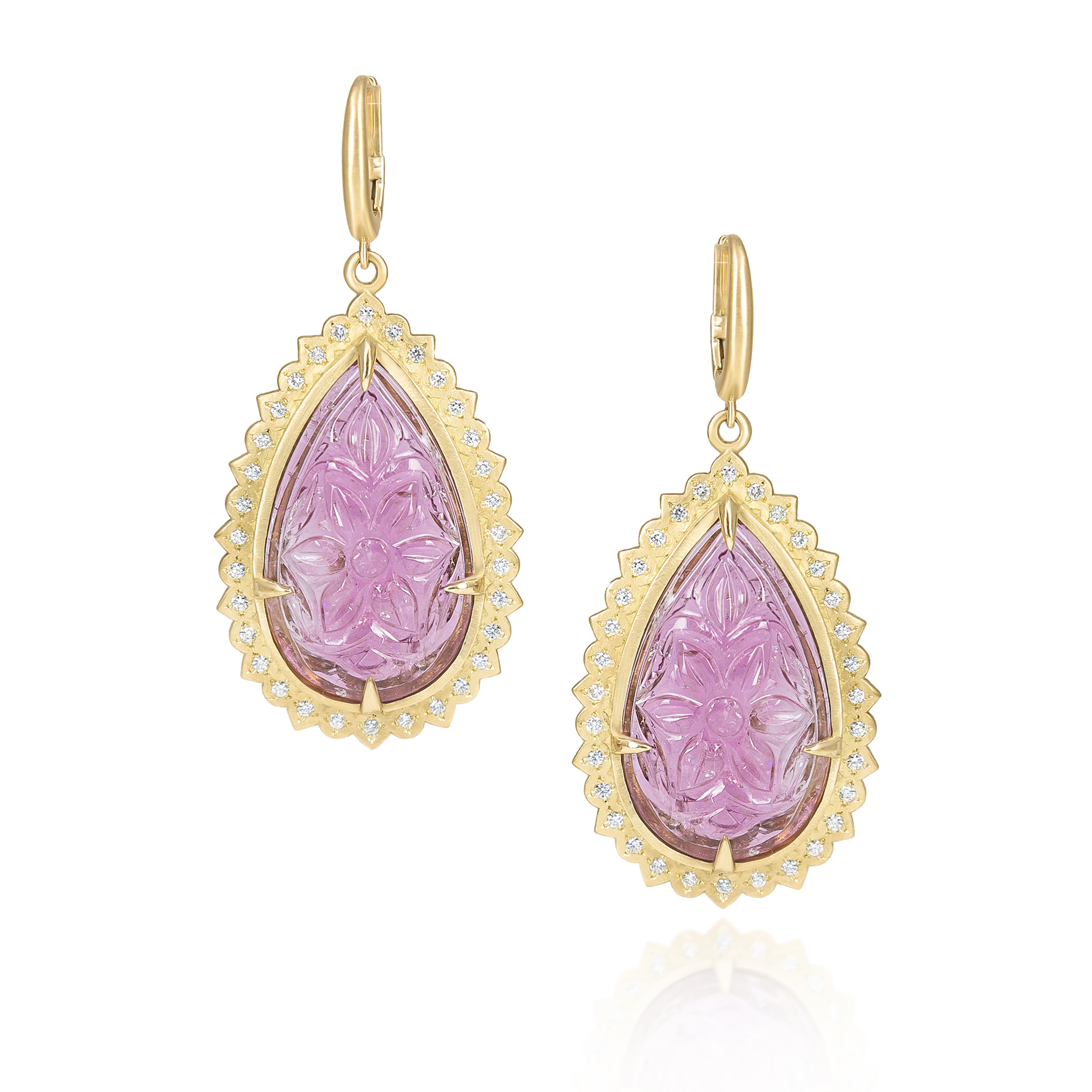 Carved Pink Tourmaline Flame Earrings