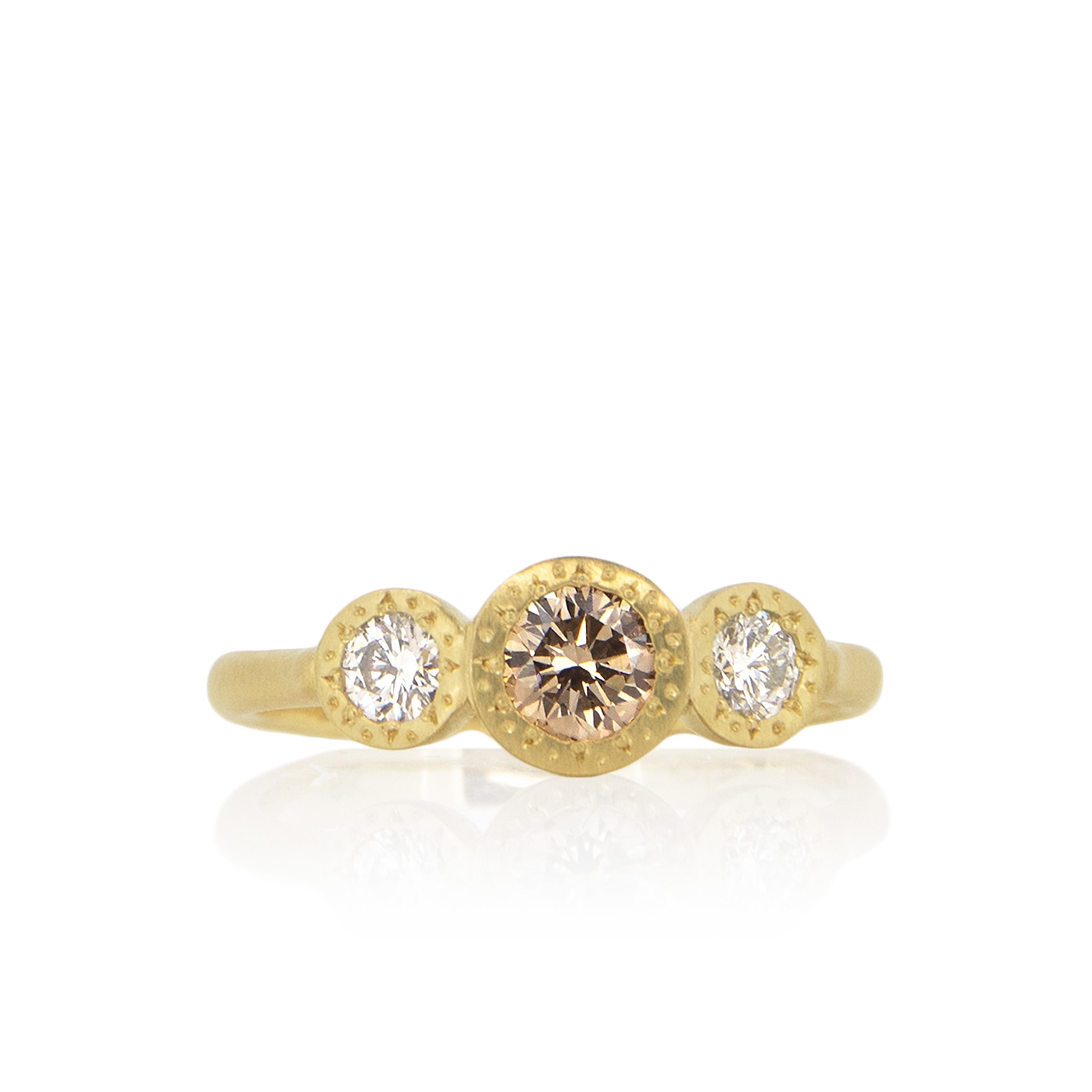 Champagne Etched Bezel Three Stone Ring - .42ct center