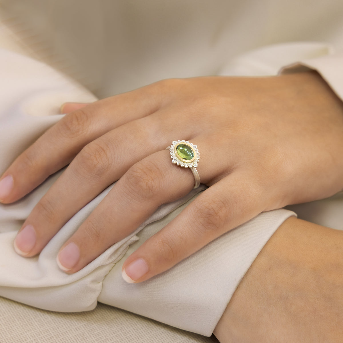 East West Green Tourmaline Flame Ring