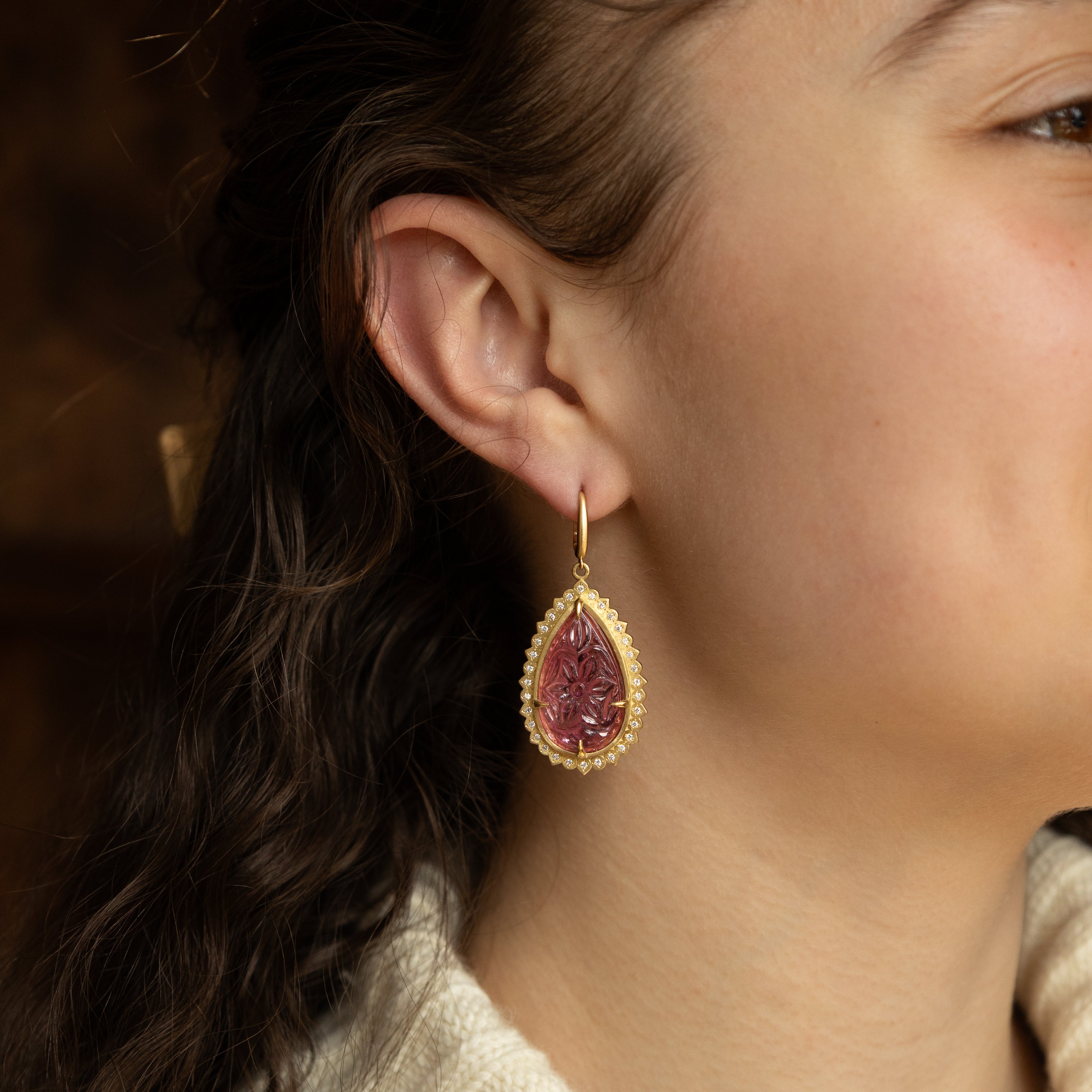 Carved Pink Tourmaline Flame Earrings