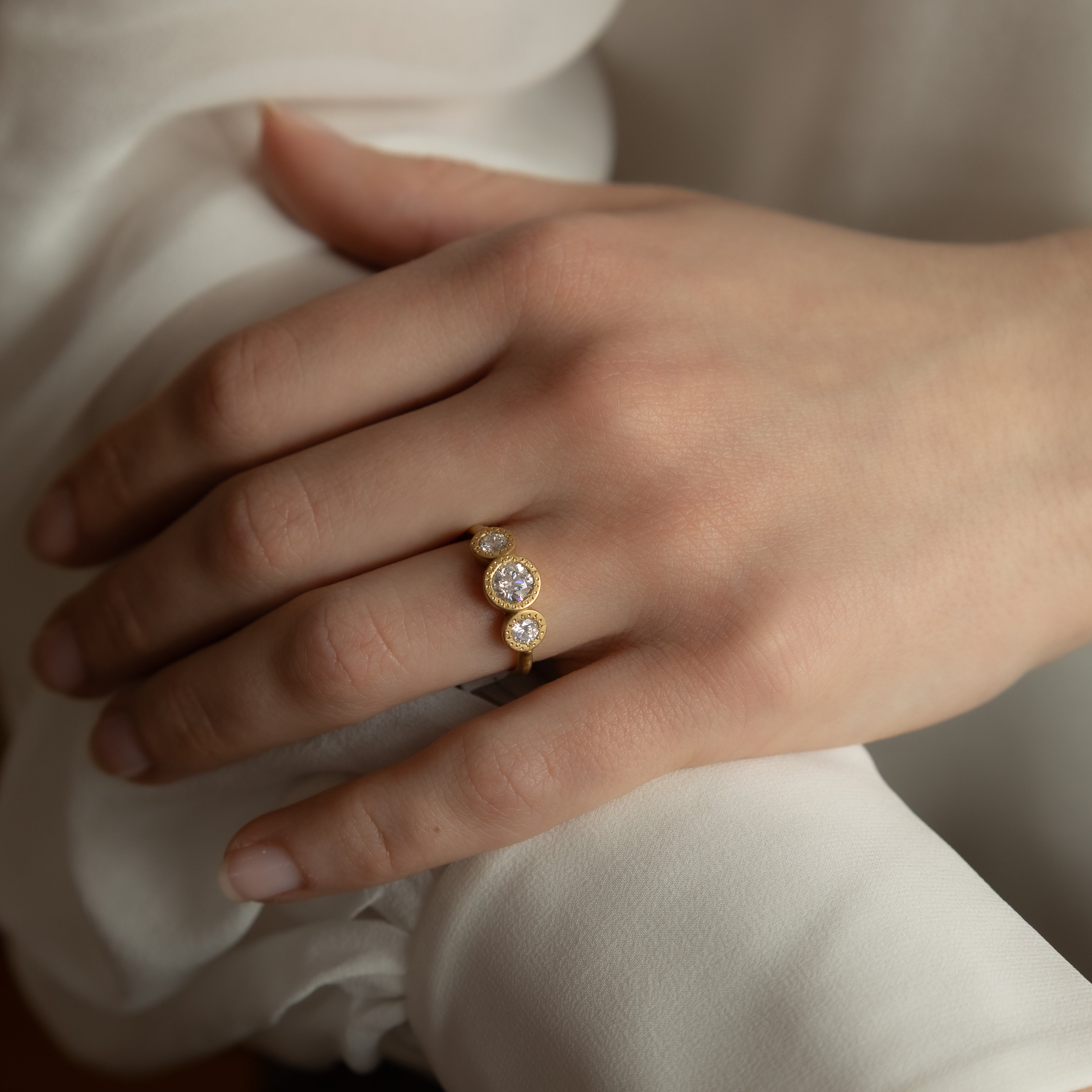 Three Stone Etched Bezel Ring - .50ct center