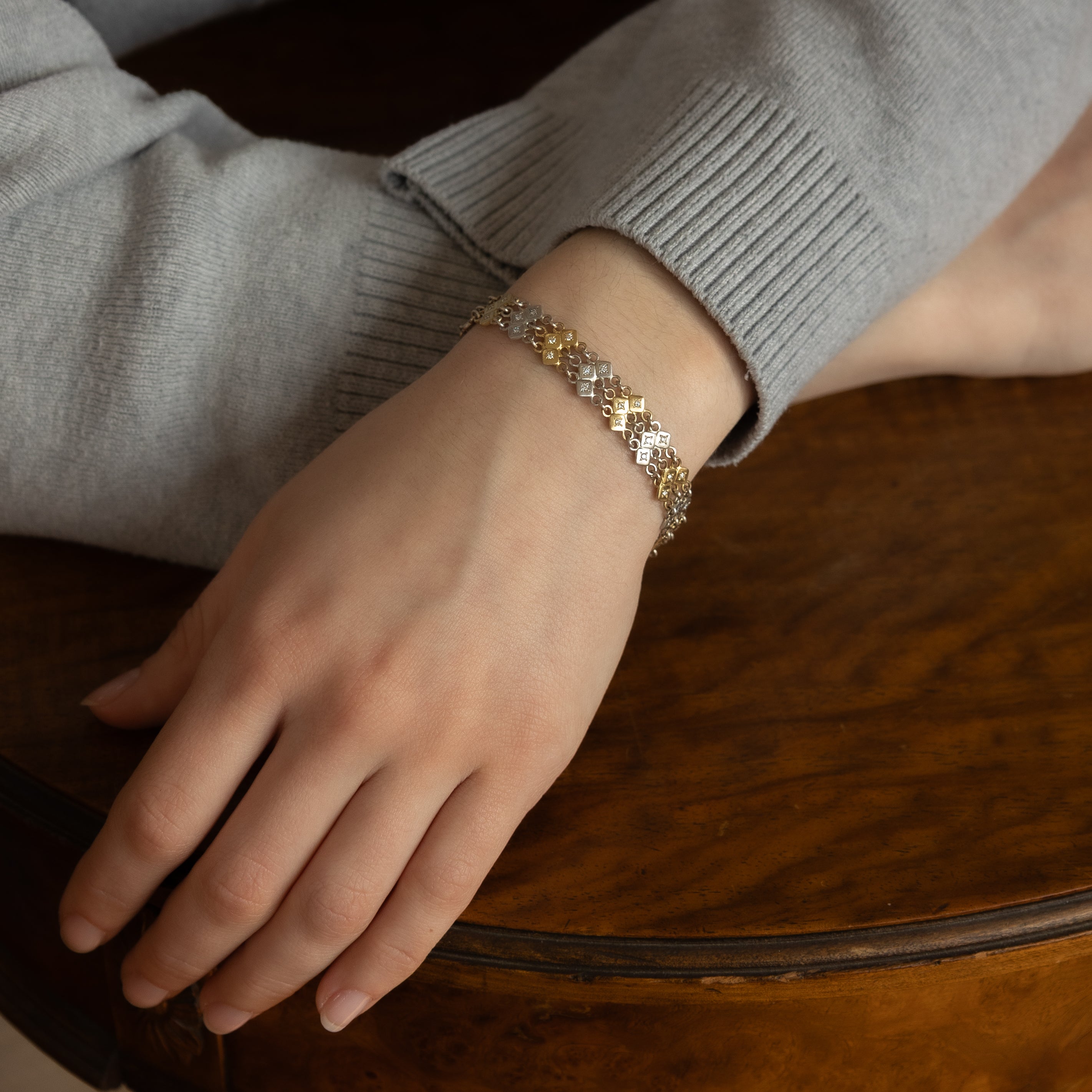 18K Yellow Gold & Sterling Silver Sapphire & Diamond Triple Link