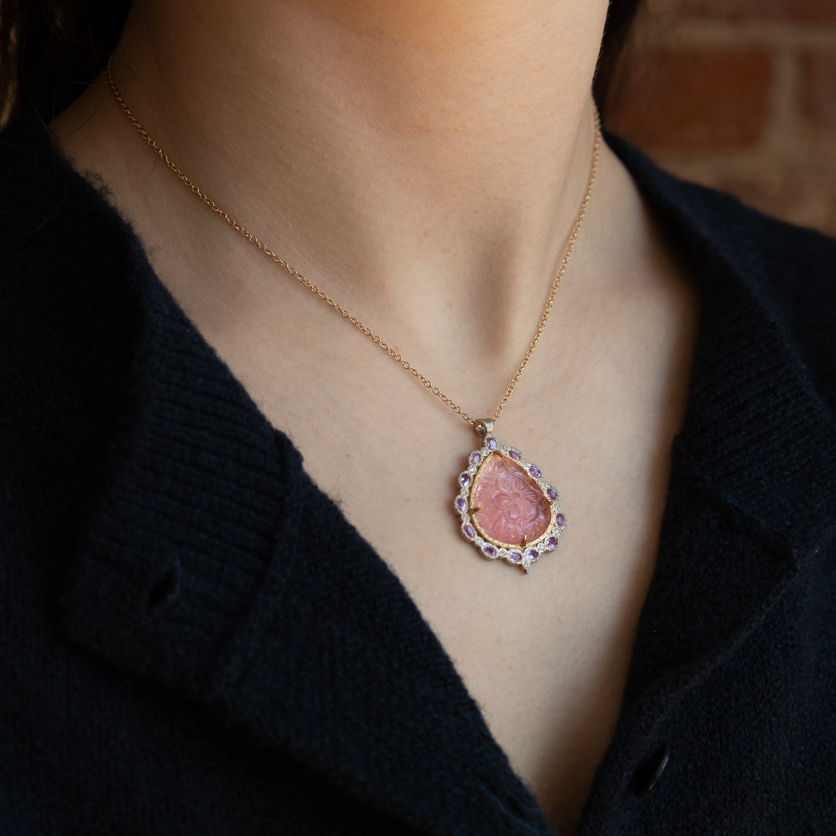 Carved Tourmaline Mixed Metal Pendant