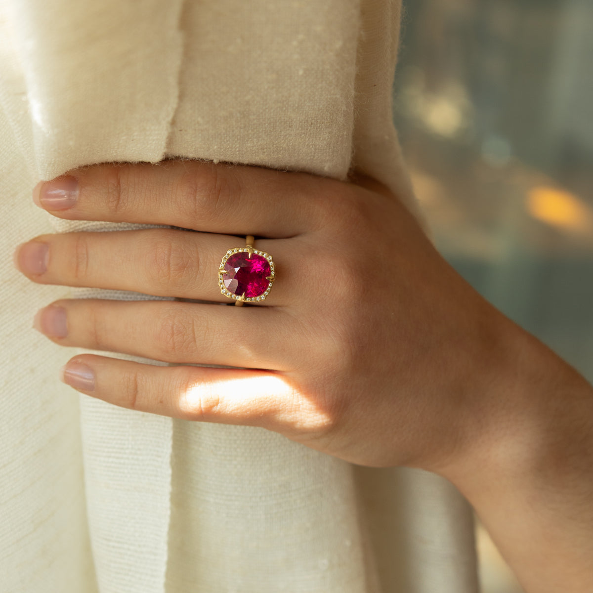 Rubellite Cushion Ring