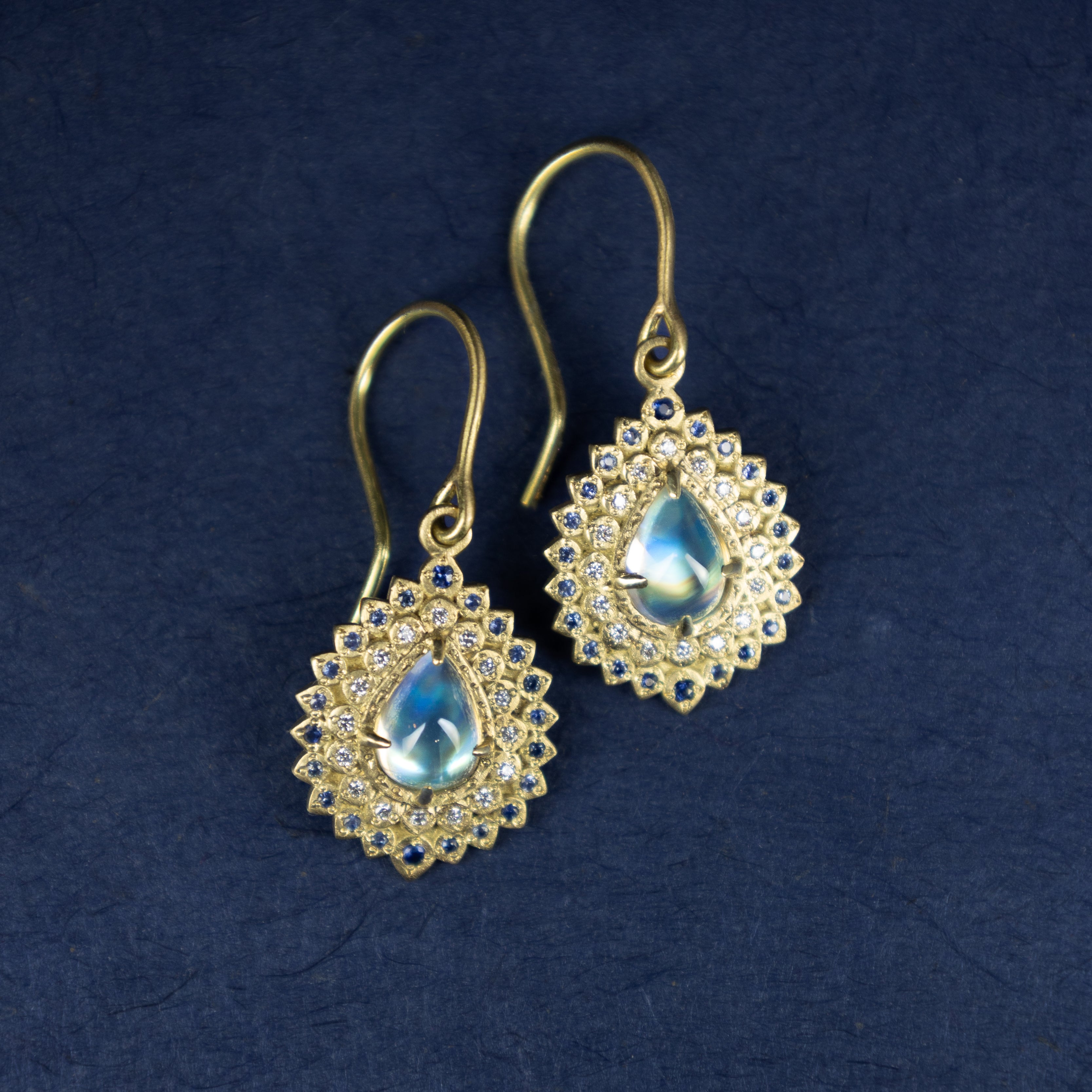 Moonstone and Sapphire Flame Earrings