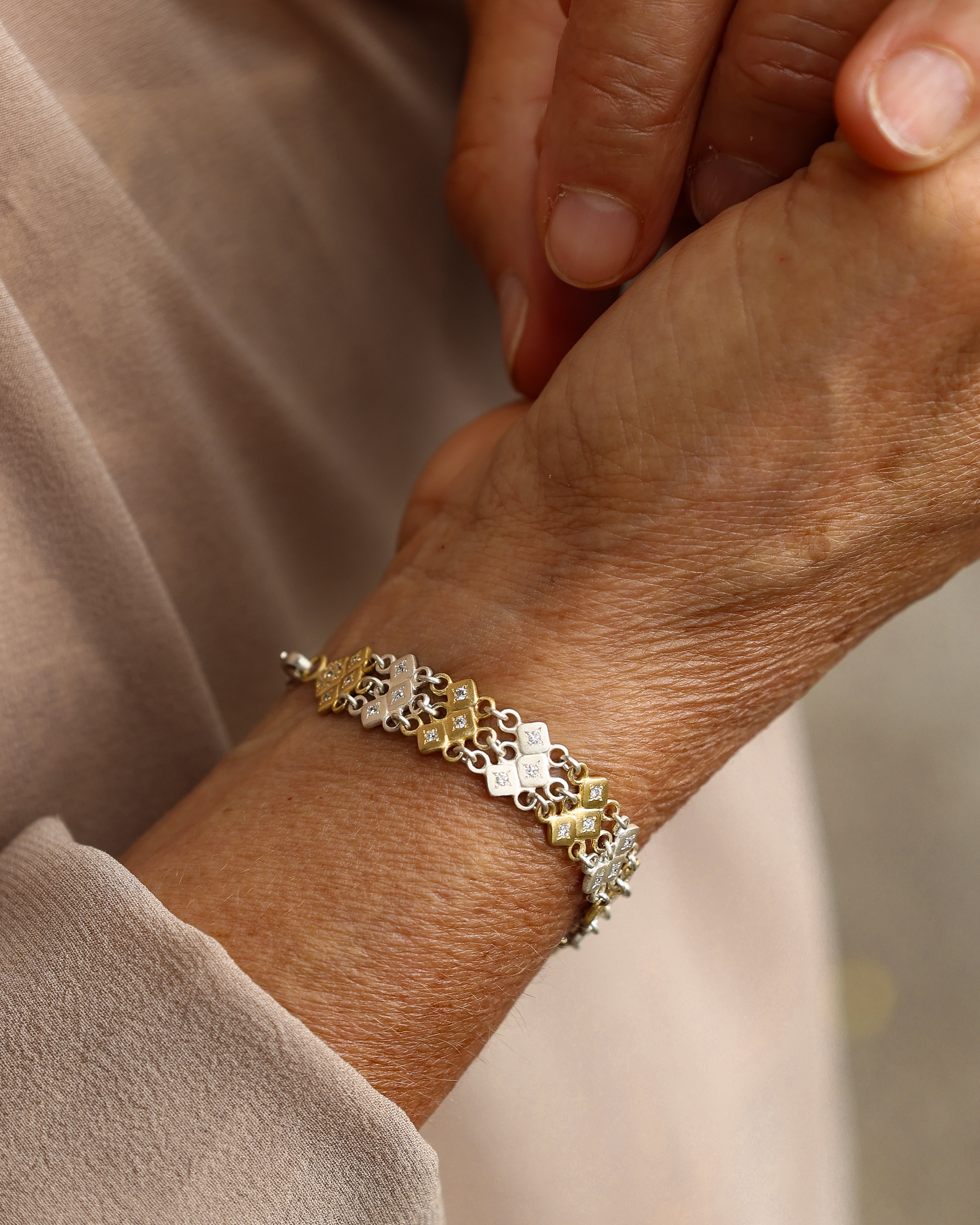 18K Yellow Gold & Sterling Silver Sapphire & Diamond Triple Link