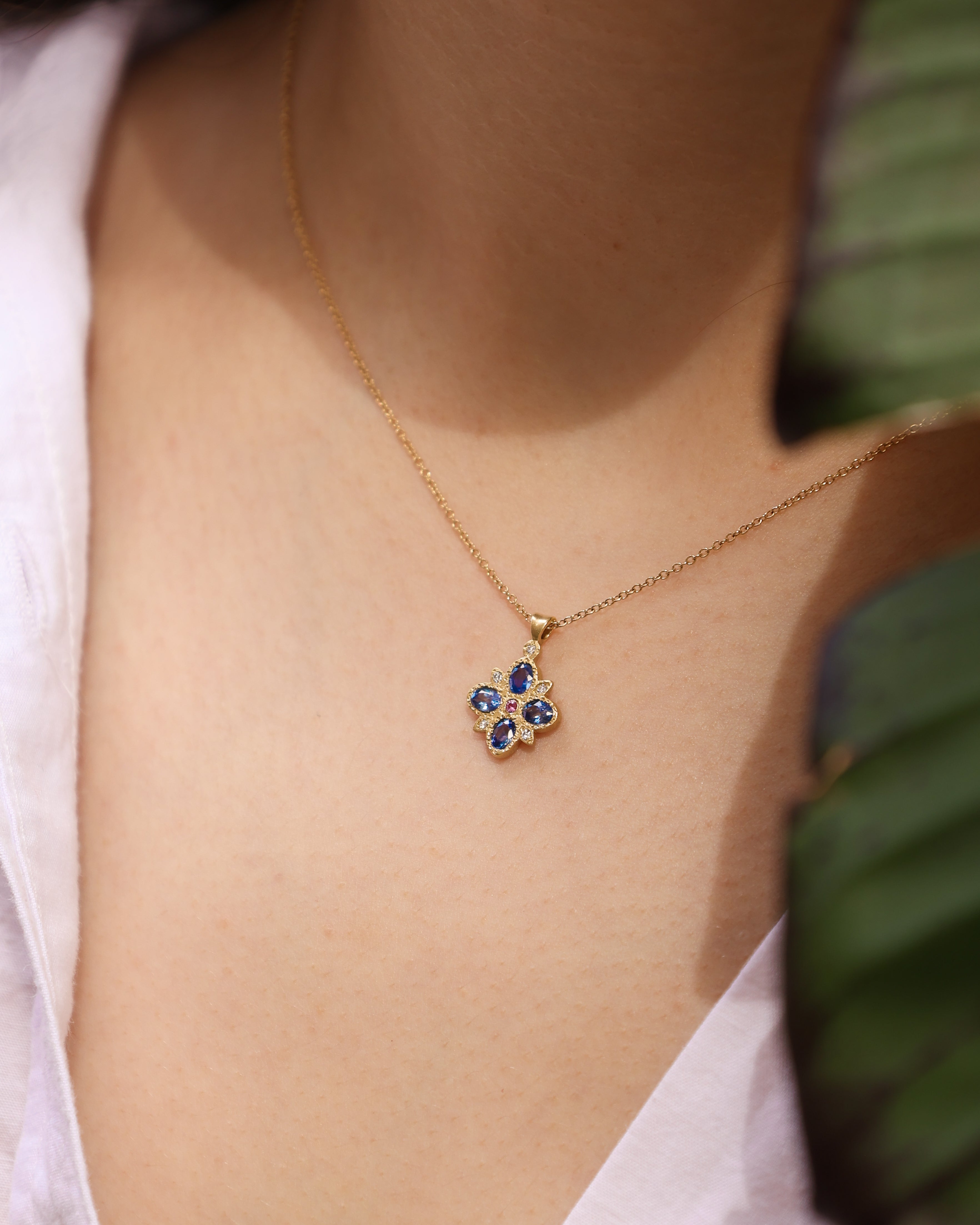 18k Yellow Gold Blue & Pink Sapphire Diamond Pendant | Adel Chefridi