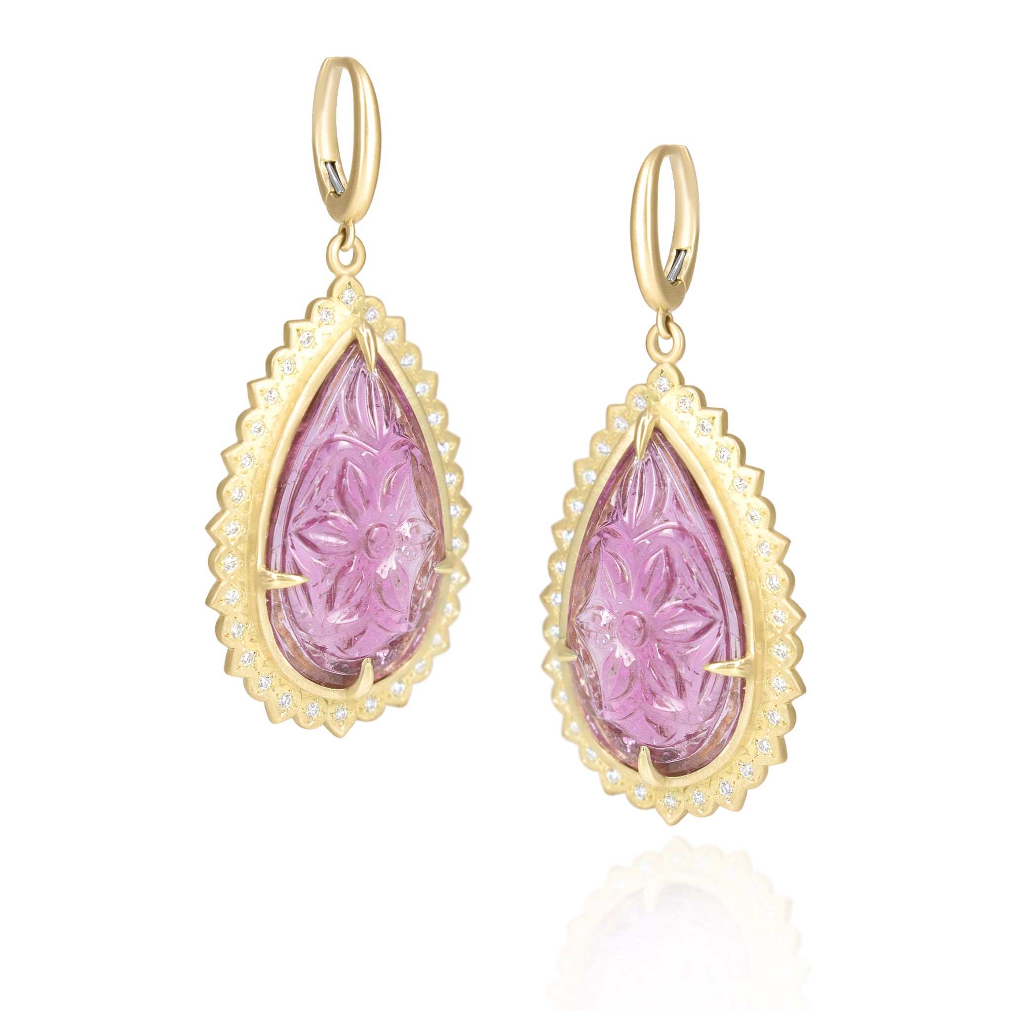Carved Pink Tourmaline Flame Earrings
