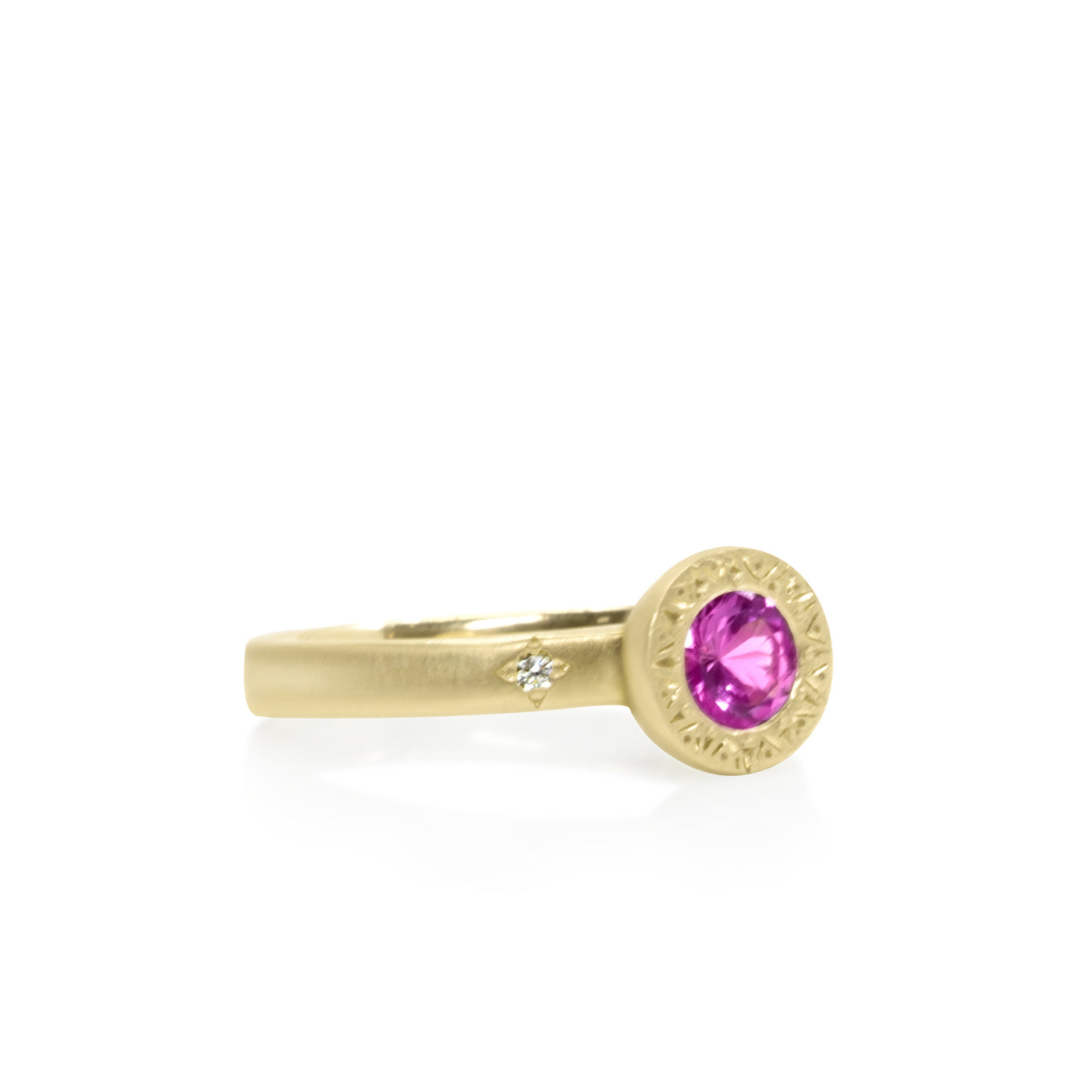 Pink Sapphire Etched Round Ring