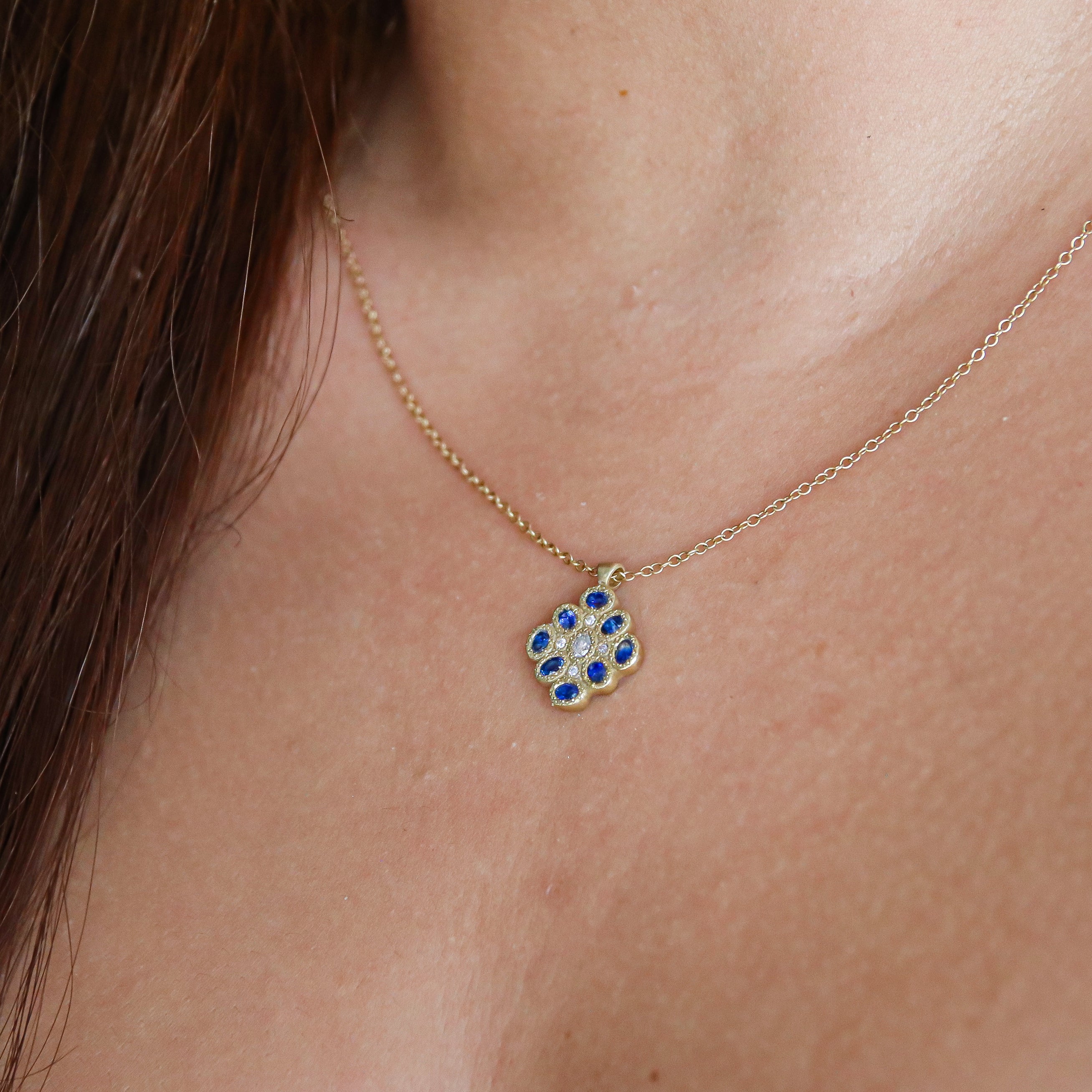 18K Yellow Gold Diamond Sapphire Mosaic Fleur Pendant | Adel Chefridi