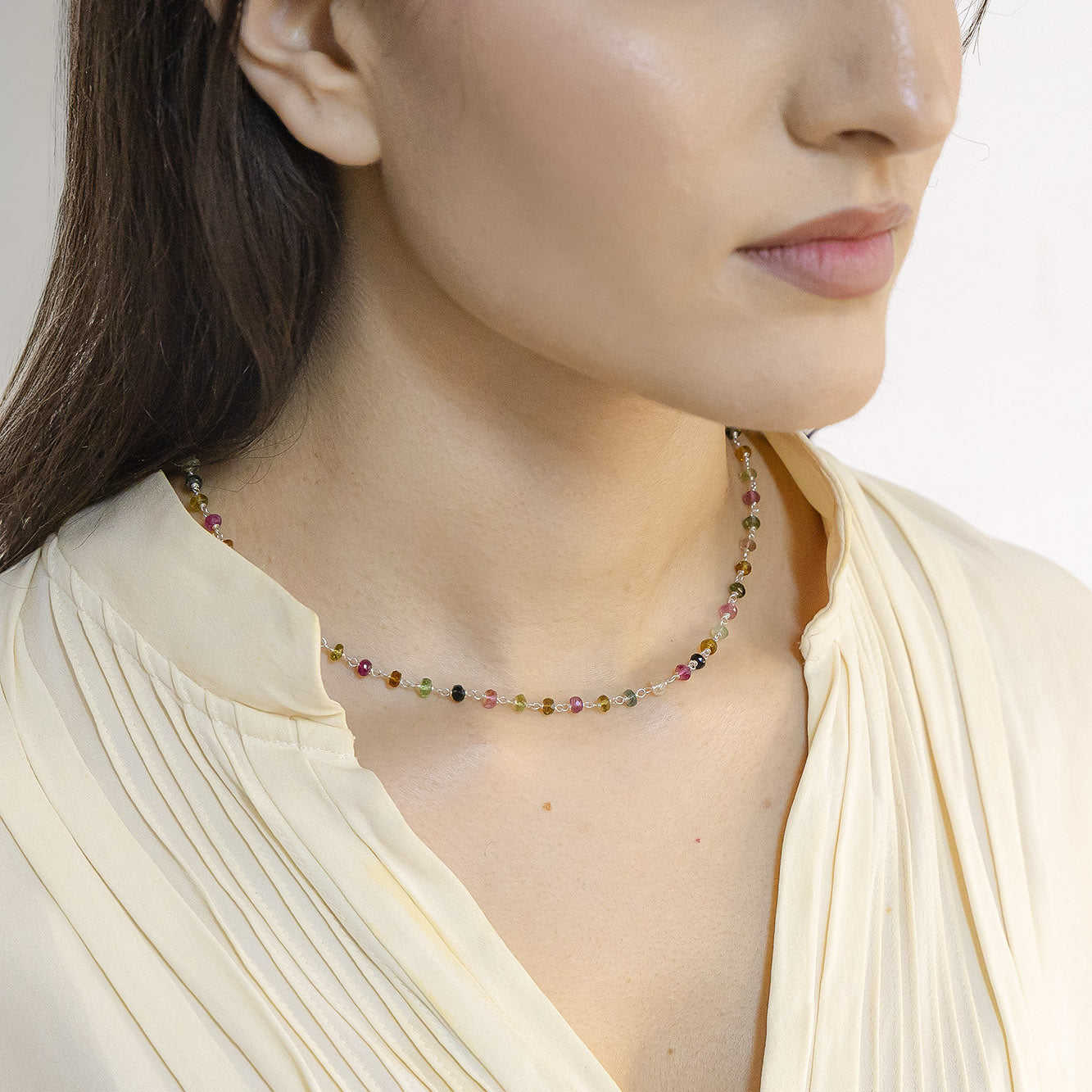 Tourmaline Beaded Silver Necklace - 16 Inches