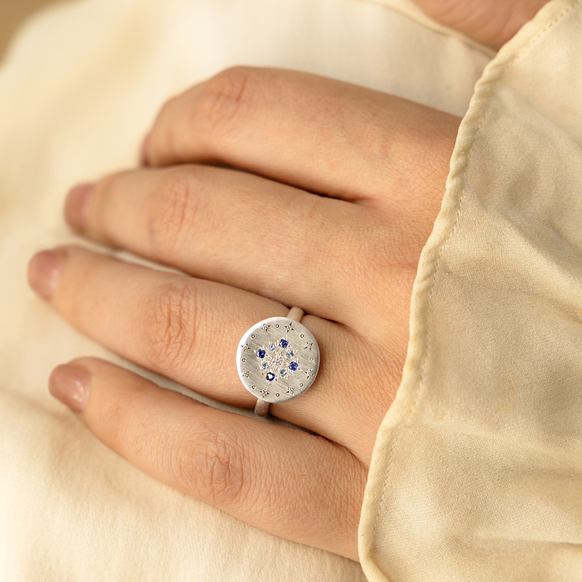 Engraved Diamond & Sapphire Ring