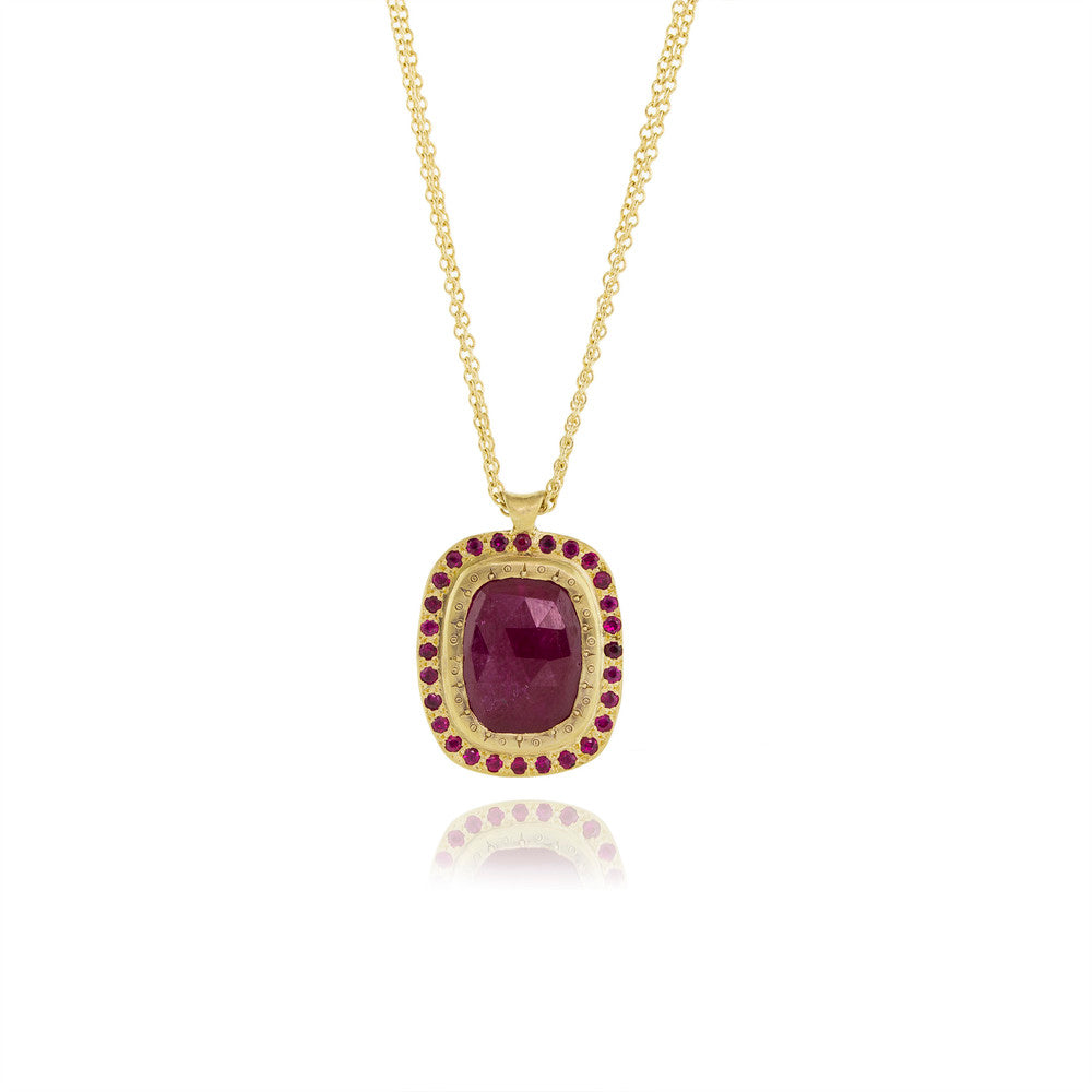 Faceted Ruby Pendant with Ruby Halo