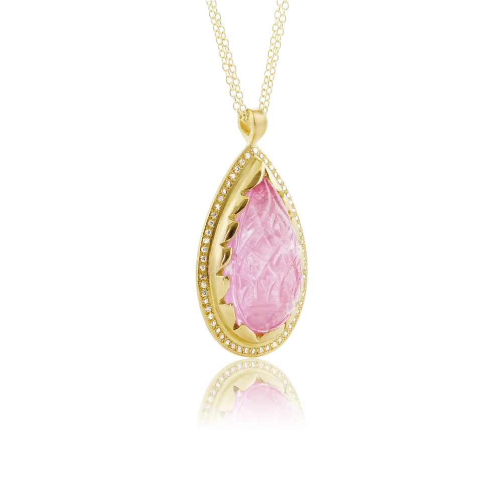 Carved Pink Tourmaline and Diamond Pendant