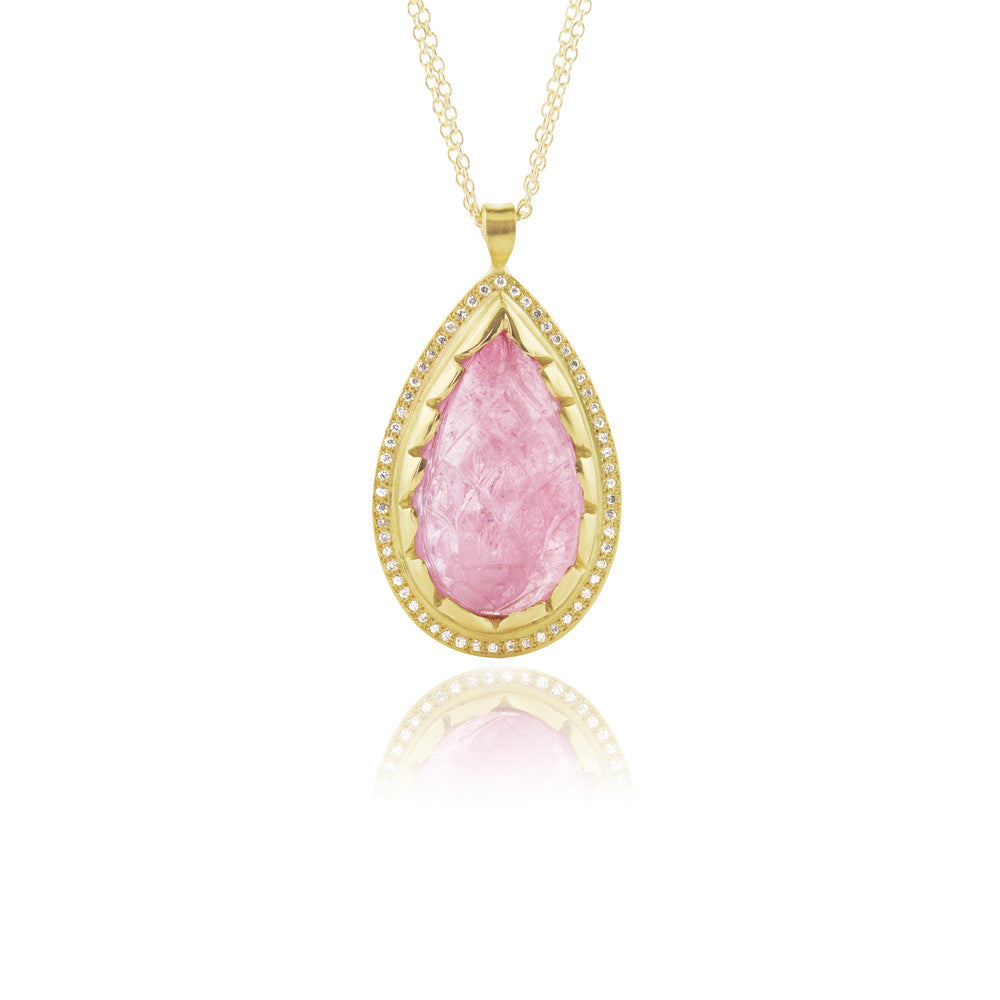 Carved Pink Tourmaline and Diamond Pendant