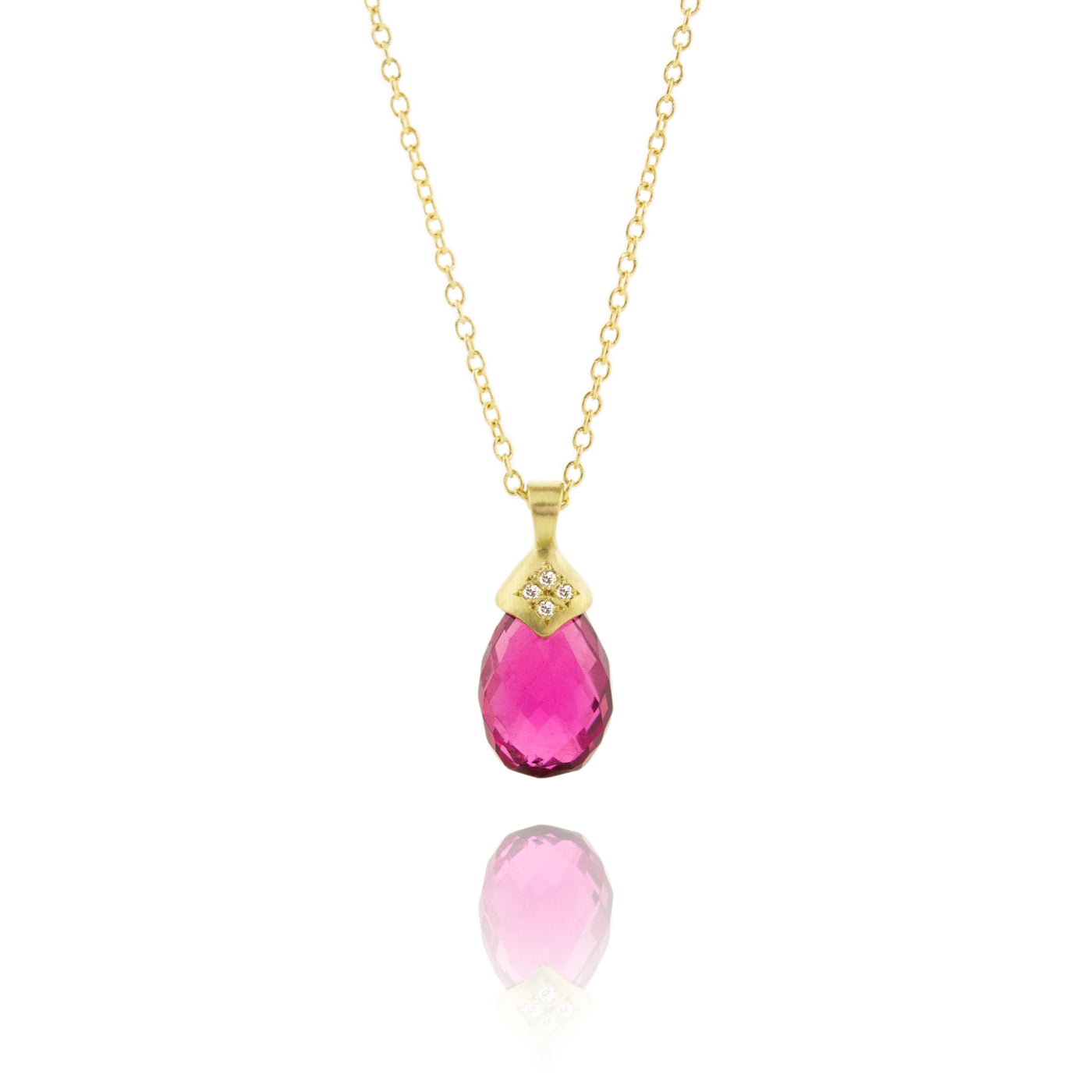 18K Yellow Gold Diamond Faceted Rubellite Drop Pendant | Adel Chefridi