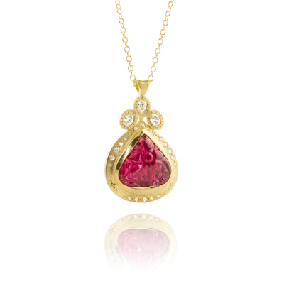 Carved Rubellite and Diamond Pendant