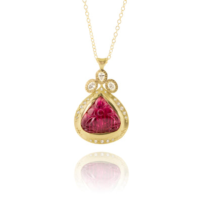 Carved Rubellite and Diamond Pendant