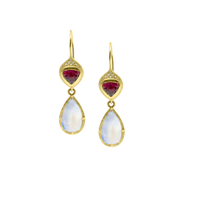 Prong Pear Moonstone Earrings with Rubellite Charms