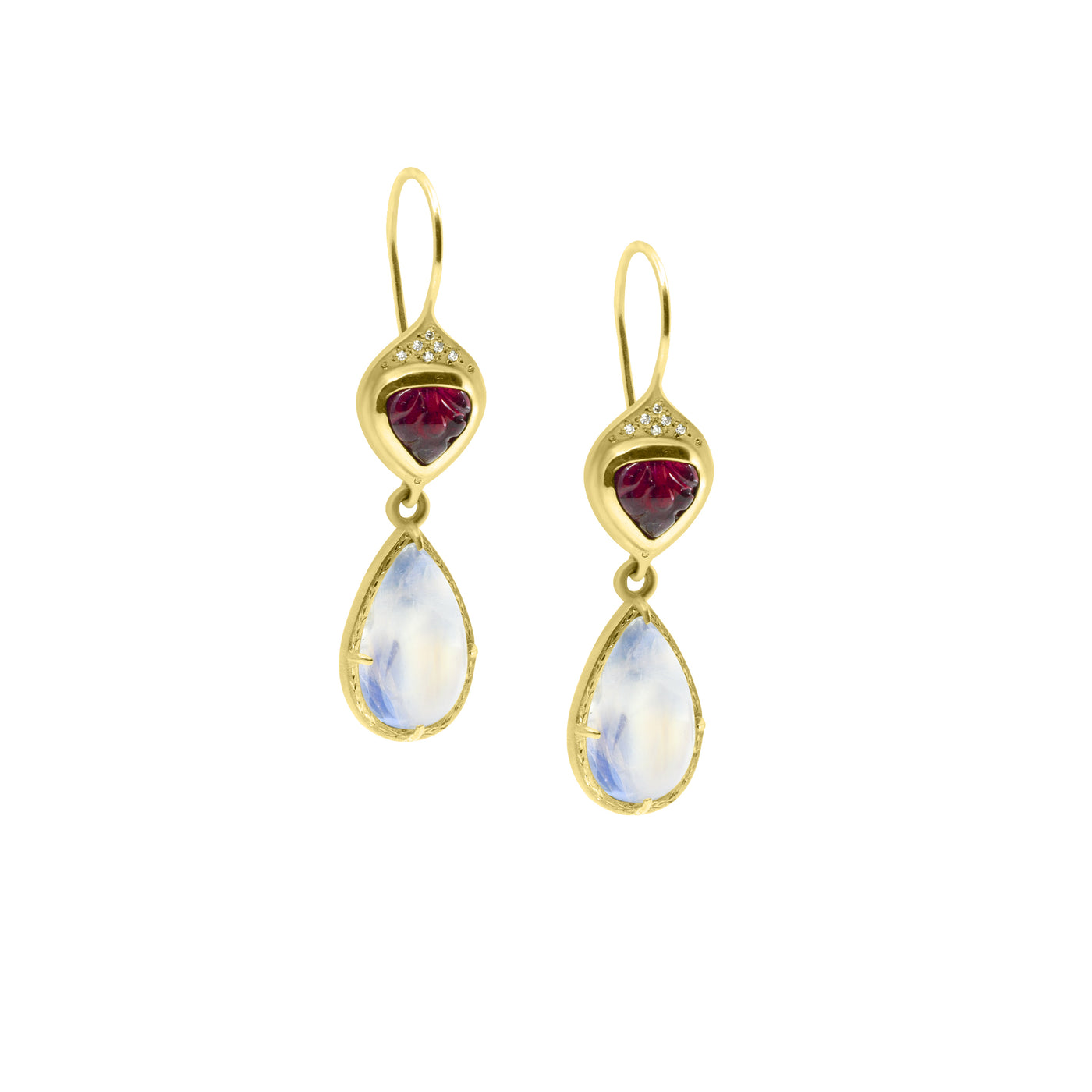 Prong Pear Moonstone Earrings with Rubellite Charms