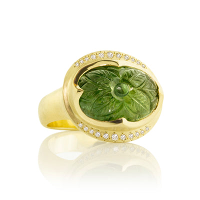 Carved Green Tourmaline in Diamond Crown Setting