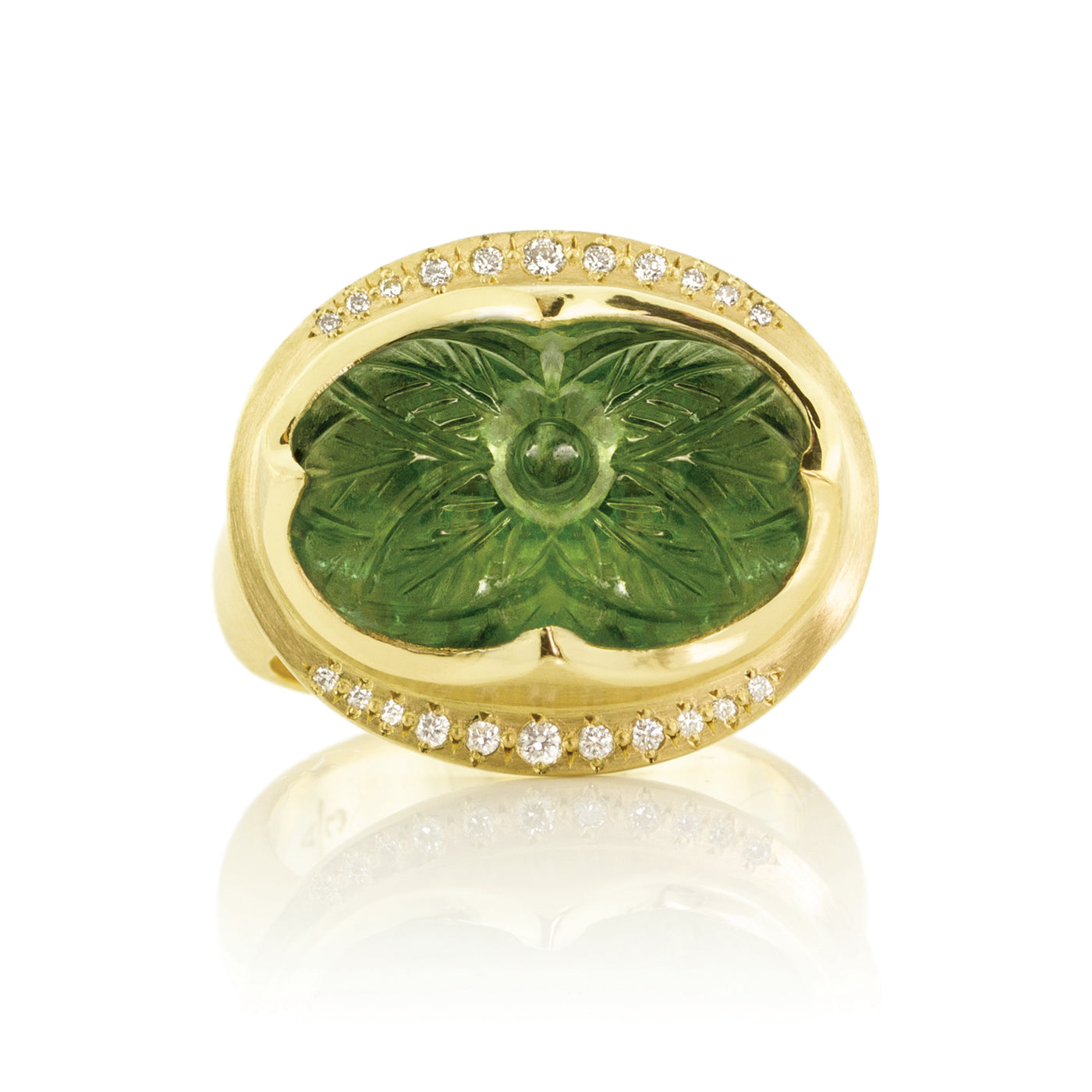 Carved Green Tourmaline in Diamond Crown Setting