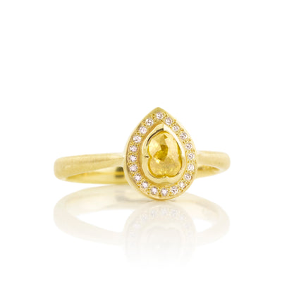 Yellow Diamond Tear Ring with Halo