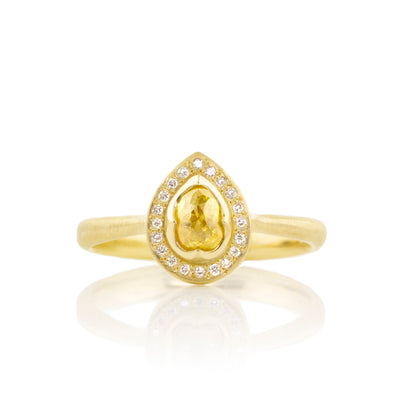 Yellow Diamond Tear Ring with Halo