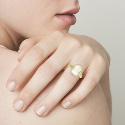 Tapered prong Moonstone and Diamond Ring
