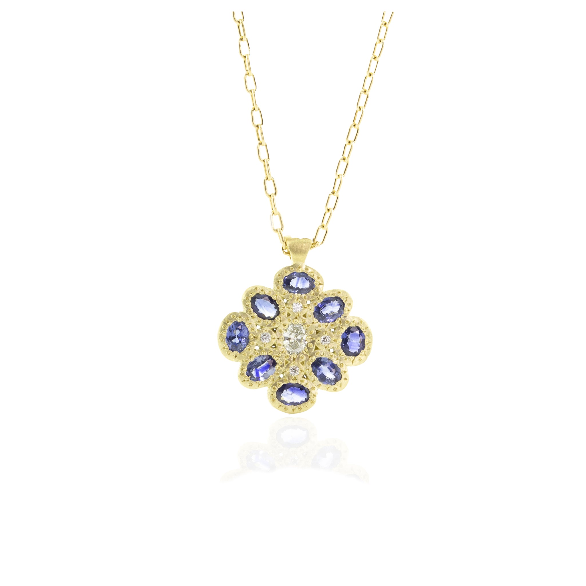 18K Yellow Gold Diamond Sapphire Mosaic Fleur Pendant | Adel Chefridi