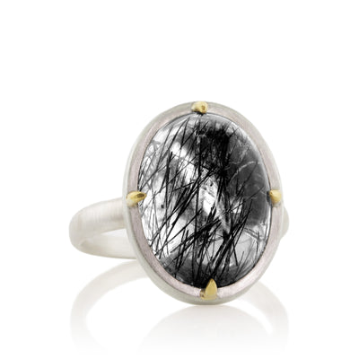 Vertical Set Oval Rutilated Quartz Cabochon Ring
