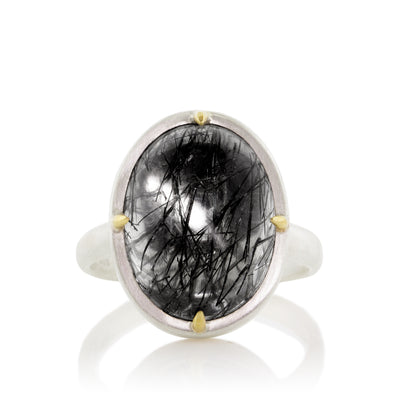 Vertical Set Oval Rutilated Quartz Cabochon Ring